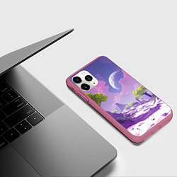 Чехол iPhone 11 Pro матовый Фиолетовые горы зеленые деревья и космос, цвет: 3D-малиновый — фото 2