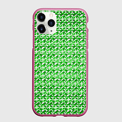 Чехол iPhone 11 Pro матовый Белые плюсики на зелёном фоне, цвет: 3D-малиновый