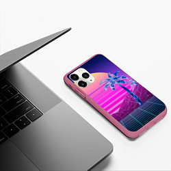 Чехол iPhone 11 Pro матовый Vaporwave неоновые горы и пальмы, цвет: 3D-малиновый — фото 2