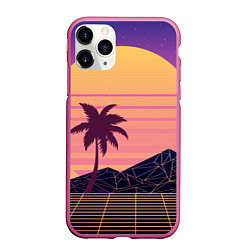 Чехол iPhone 11 Pro матовый Vaporwave геометрические горы и силуэты пальм, цвет: 3D-малиновый