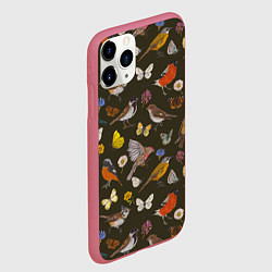 Чехол iPhone 11 Pro матовый Птицы и бабочки с цветами паттерн, цвет: 3D-малиновый — фото 2