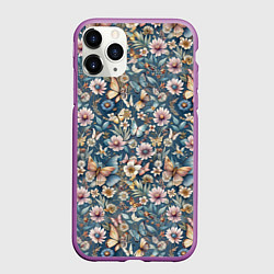 Чехол iPhone 11 Pro матовый Летний узор с цветами и бабочками