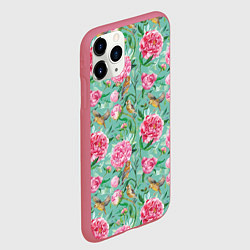 Чехол iPhone 11 Pro матовый Пионы и зеленушка на зеленом, цвет: 3D-малиновый — фото 2