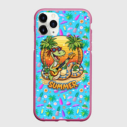 Чехол iPhone 11 Pro матовый Змейка на летнем вайбе с гитарой, цвет: 3D-малиновый