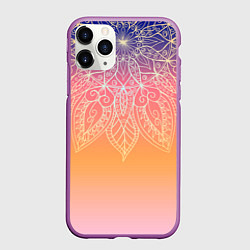 Чехол iPhone 11 Pro матовый Сине-оранжевый градиент с узором мандала