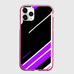 Чехол iPhone 11 Pro матовый Бело-фиолетовые полосы на чёрном фоне