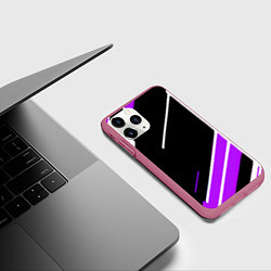 Чехол iPhone 11 Pro матовый Бело-фиолетовые полосы на чёрном фоне, цвет: 3D-малиновый — фото 2