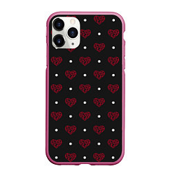 Чехол iPhone 11 Pro матовый Красные сердечки и белые точки на черном, цвет: 3D-малиновый