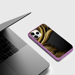 Чехол iPhone 11 Pro матовый Золотые объемные листья на черном, цвет: 3D-фиолетовый — фото 2