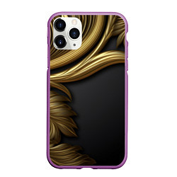 Чехол iPhone 11 Pro матовый Золотые объемные листья на черном, цвет: 3D-фиолетовый