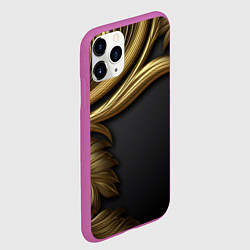 Чехол iPhone 11 Pro матовый Золотые объемные листья на черном, цвет: 3D-фиолетовый — фото 2