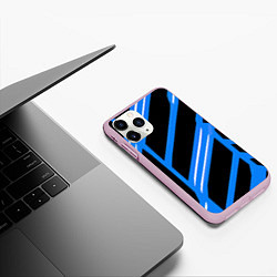 Чехол iPhone 11 Pro матовый Black and white stripes on a blue background, цвет: 3D-розовый — фото 2