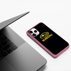 Чехол iPhone 11 Pro матовый Subaru logo yellow, цвет: 3D-малиновый — фото 2