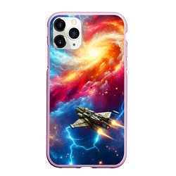 Чехол iPhone 11 Pro матовый Космолёт в неоновом космосе, цвет: 3D-розовый