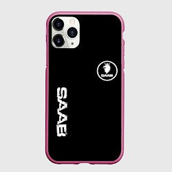 Чехол iPhone 11 Pro матовый SAAB logo white, цвет: 3D-малиновый