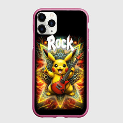 Чехол iPhone 11 Pro матовый Пикачу рокер с электрогитарой, цвет: 3D-малиновый