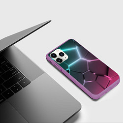 Чехол iPhone 11 Pro матовый Голубые и розовые неоновые плиты в разломе, цвет: 3D-фиолетовый — фото 2