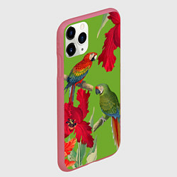 Чехол iPhone 11 Pro матовый Попугаи среди цветов, цвет: 3D-малиновый — фото 2