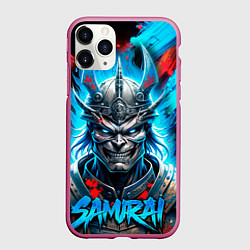 Чехол iPhone 11 Pro матовый Самурай синий неоновый демон со светящимися глазам, цвет: 3D-малиновый