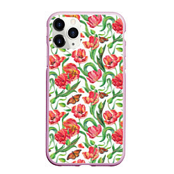 Чехол iPhone 11 Pro матовый Красные тюльпаны, цвет: 3D-розовый