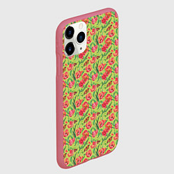 Чехол iPhone 11 Pro матовый Тюльпаны и бабочки, цвет: 3D-малиновый — фото 2