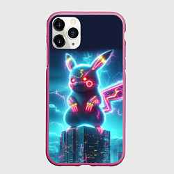 Чехол iPhone 11 Pro матовый Пикадзила на крыше небоскрёба - неоновое свечение:, цвет: 3D-малиновый