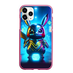 Чехол iPhone 11 Pro матовый Neon cyber Pikachu made of metal steel - ai art, цвет: 3D-малиновый