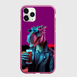 Чехол iPhone 11 Pro матовый Крутой пивозавр в кожаной куртке - нейроарт, цвет: 3D-малиновый