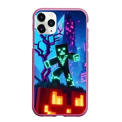 Чехол iPhone 11 Pro матовый Minecraft and halloween - neon glow, цвет: 3D-малиновый