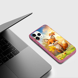 Чехол iPhone 11 Pro матовый Рыжая лисичка осенью, цвет: 3D-малиновый — фото 2