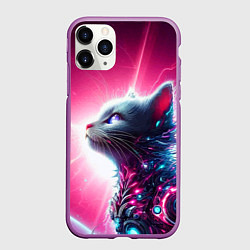 Чехол iPhone 11 Pro матовый Космический кибер котёнок - неоновое свечение
