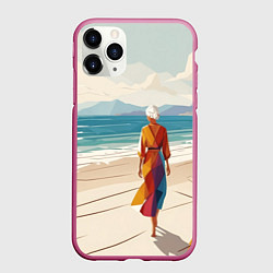 Чехол iPhone 11 Pro матовый Летний пейзаж с женщиной на пляже, цвет: 3D-малиновый