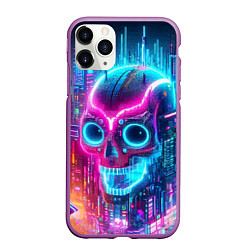 Чехол iPhone 11 Pro матовый Neon skull in metropolis - future, цвет: 3D-фиолетовый