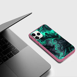 Чехол iPhone 11 Pro матовый Бирюзовый мрамор на черном фоне, цвет: 3D-малиновый — фото 2
