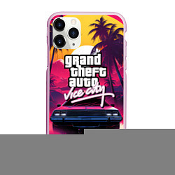 Чехол iPhone 11 Pro матовый Grand Theft Auto VI - автомобиль на закате, цвет: 3D-розовый