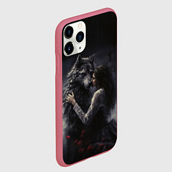 Чехол iPhone 11 Pro матовый Девушка обнимает волка, цвет: 3D-малиновый — фото 2