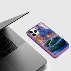 Чехол iPhone 11 Pro матовый Большая змея на фоне новогоднего дома, цвет: 3D-фиолетовый — фото 2