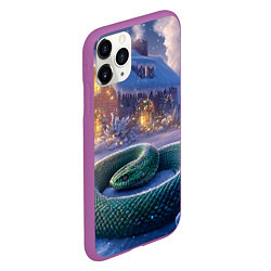 Чехол iPhone 11 Pro матовый Большая змея на фоне новогоднего дома, цвет: 3D-фиолетовый — фото 2