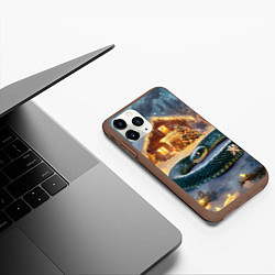 Чехол iPhone 11 Pro матовый Большая змея на фоне новогоднего дома, цвет: 3D-коричневый — фото 2