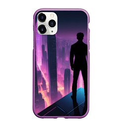 Чехол iPhone 11 Pro матовый Человек смотрящий на ночной мегаполис, цвет: 3D-фиолетовый