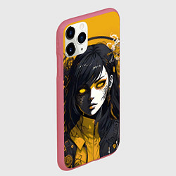 Чехол iPhone 11 Pro матовый Девушка в стиле аниме в куртке на жёлтом фоне, цвет: 3D-малиновый — фото 2