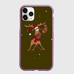 Чехол iPhone 11 Pro матовый Новогодний олень с котом, цвет: 3D-фиолетовый