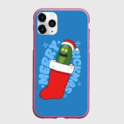 Чехол iPhone 11 Pro матовый Новогодний Рик огурчик - Merry Rickmas, цвет: 3D-малиновый