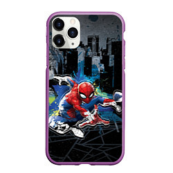 Чехол iPhone 11 Pro матовый Spider-man over the city, цвет: 3D-фиолетовый