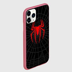 Чехол iPhone 11 Pro матовый Логотип паука на фоне паутины косплей костюм Морал, цвет: 3D-малиновый — фото 2