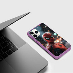 Чехол iPhone 11 Pro матовый Spider man на фоне снегопада, цвет: 3D-фиолетовый — фото 2
