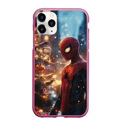 Чехол iPhone 11 Pro матовый Spider-man new year, цвет: 3D-малиновый