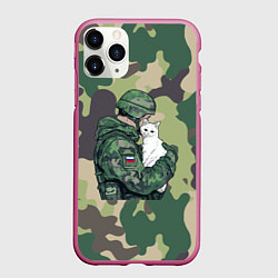 Чехол iPhone 11 Pro матовый Русский солдат с белой кошкой