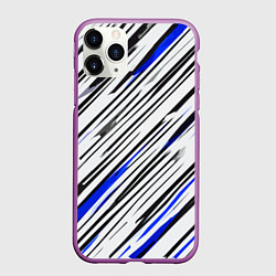 Чехол iPhone 11 Pro матовый Диагональные чёрно-синие полосы на белом фоне