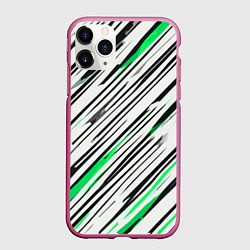 Чехол iPhone 11 Pro матовый Диагональные чёрно-зелёные полосы на белом фоне, цвет: 3D-малиновый